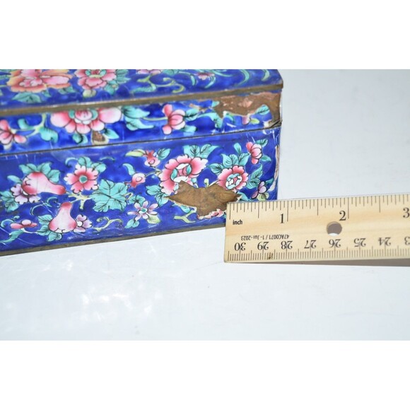 Vtg Chinese Enamel Brass Trinket Box Damaged Blue floral flaws - Picture 10 of 15